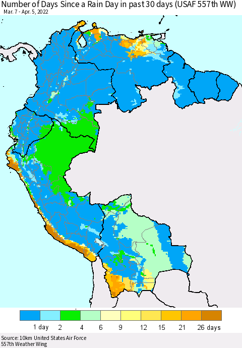 Northern South America Number of Days Since a Rain Day in past 30 days (USAF 557th WW) Thematic Map For 4/1/2022 - 4/5/2022