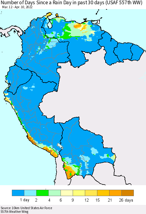 Northern South America Number of Days Since a Rain Day in past 30 days (USAF 557th WW) Thematic Map For 4/6/2022 - 4/10/2022