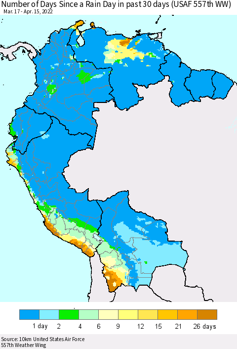 Northern South America Number of Days Since a Rain Day in past 30 days (USAF 557th WW) Thematic Map For 4/11/2022 - 4/15/2022