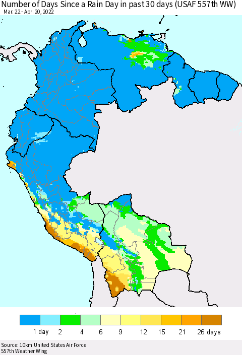 Northern South America Number of Days Since a Rain Day in past 30 days (USAF 557th WW) Thematic Map For 4/16/2022 - 4/20/2022