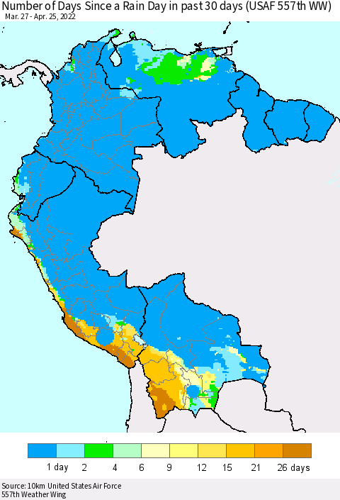 Northern South America Number of Days Since a Rain Day in past 30 days (USAF 557th WW) Thematic Map For 4/21/2022 - 4/25/2022