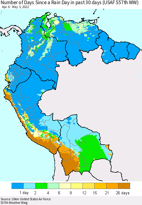 Northern South America Number of Days Since a Rain Day in past 30 days (USAF 557th WW) Thematic Map For 5/1/2022 - 5/5/2022