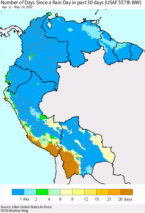 Northern South America Number of Days Since a Rain Day in past 30 days (USAF 557th WW) Thematic Map For 5/6/2022 - 5/10/2022