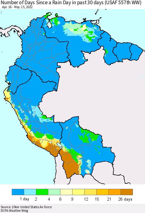Northern South America Number of Days Since a Rain Day in past 30 days (USAF 557th WW) Thematic Map For 5/11/2022 - 5/15/2022