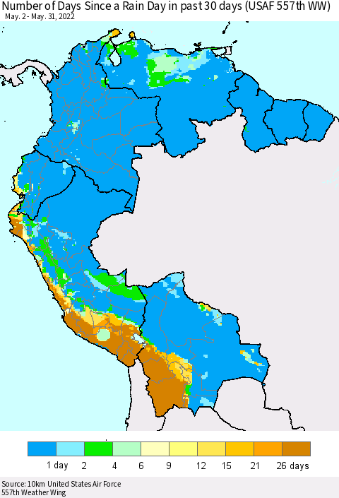 Northern South America Number of Days Since a Rain Day in past 30 days (USAF 557th WW) Thematic Map For 5/26/2022 - 5/31/2022