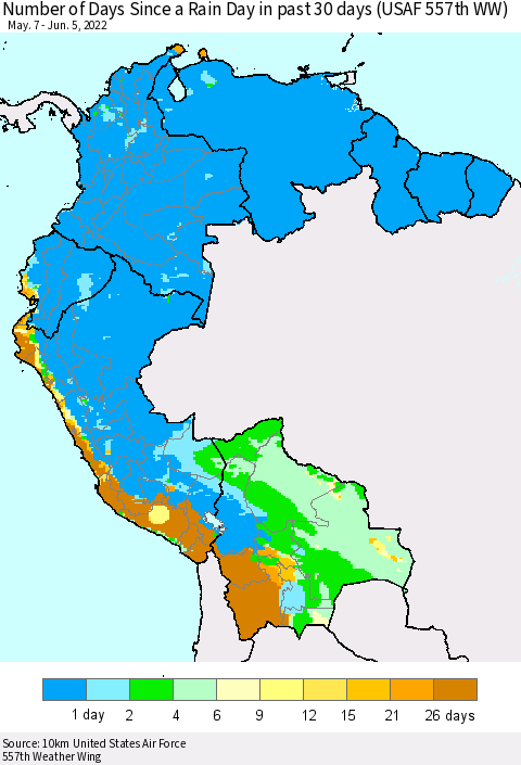 Northern South America Number of Days Since a Rain Day in past 30 days (USAF 557th WW) Thematic Map For 6/1/2022 - 6/5/2022