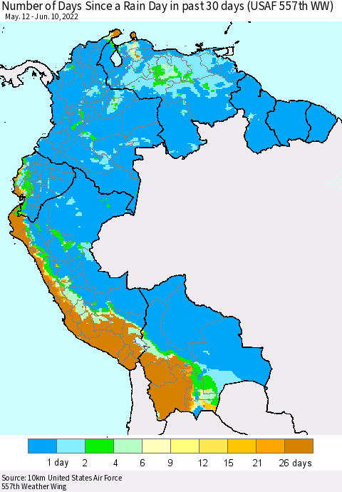 Northern South America Number of Days Since a Rain Day in past 30 days (USAF 557th WW) Thematic Map For 6/6/2022 - 6/10/2022