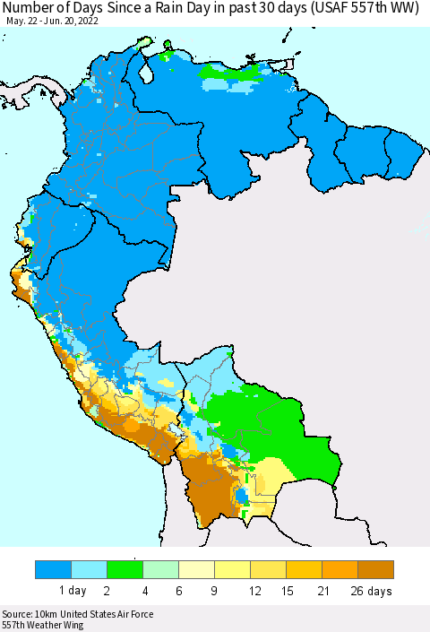Northern South America Number of Days Since a Rain Day in past 30 days (USAF 557th WW) Thematic Map For 6/16/2022 - 6/20/2022