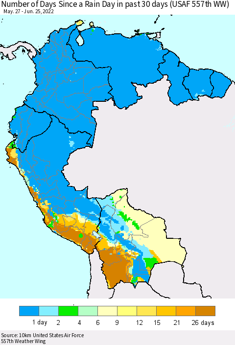 Northern South America Number of Days Since a Rain Day in past 30 days (USAF 557th WW) Thematic Map For 6/21/2022 - 6/25/2022