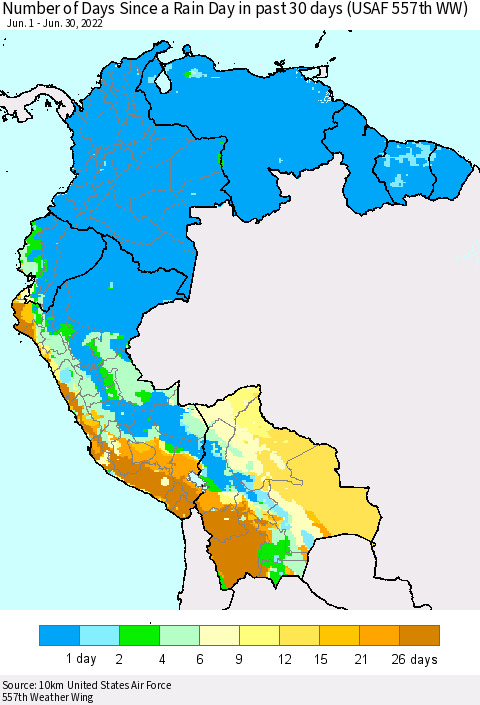 Northern South America Number of Days Since a Rain Day in past 30 days (USAF 557th WW) Thematic Map For 6/26/2022 - 6/30/2022