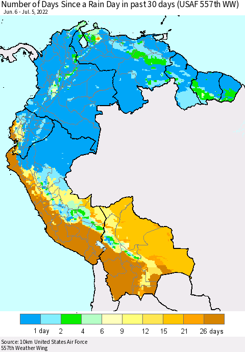 Northern South America Number of Days Since a Rain Day in past 30 days (USAF 557th WW) Thematic Map For 7/1/2022 - 7/5/2022