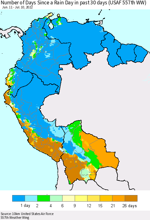Northern South America Number of Days Since a Rain Day in past 30 days (USAF 557th WW) Thematic Map For 7/6/2022 - 7/10/2022