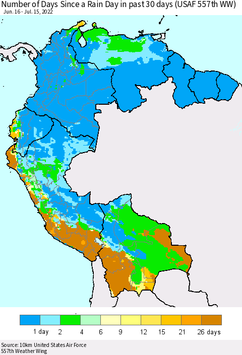 Northern South America Number of Days Since a Rain Day in past 30 days (USAF 557th WW) Thematic Map For 7/11/2022 - 7/15/2022