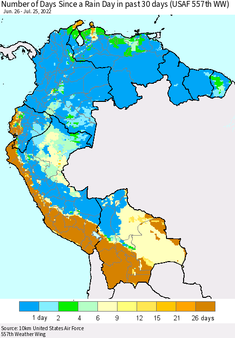Northern South America Number of Days Since a Rain Day in past 30 days (USAF 557th WW) Thematic Map For 7/21/2022 - 7/25/2022