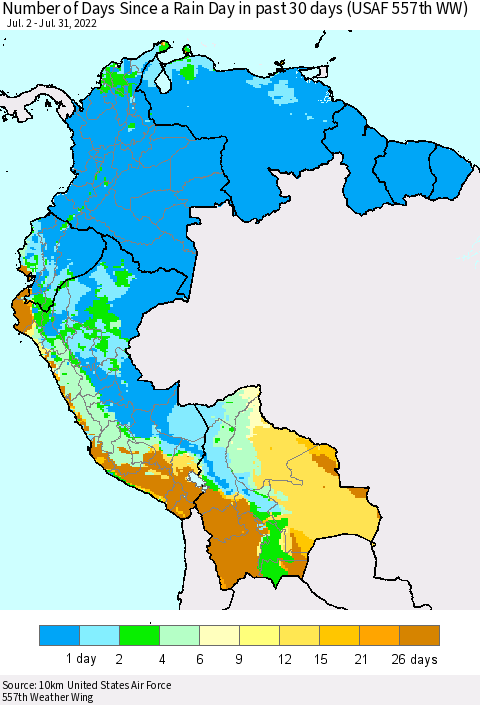 Northern South America Number of Days Since a Rain Day in past 30 days (USAF 557th WW) Thematic Map For 7/26/2022 - 7/31/2022