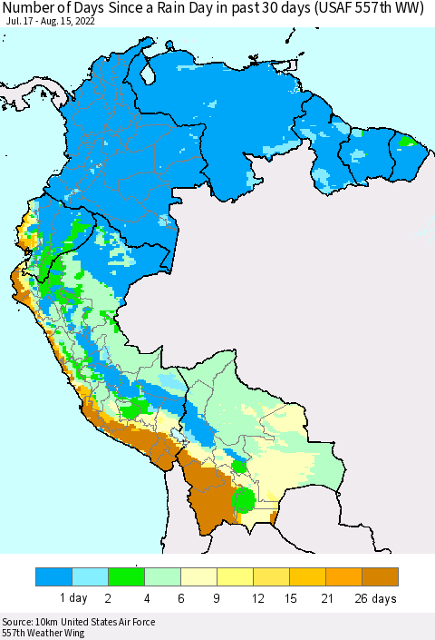Northern South America Number of Days Since a Rain Day in past 30 days (USAF 557th WW) Thematic Map For 8/11/2022 - 8/15/2022