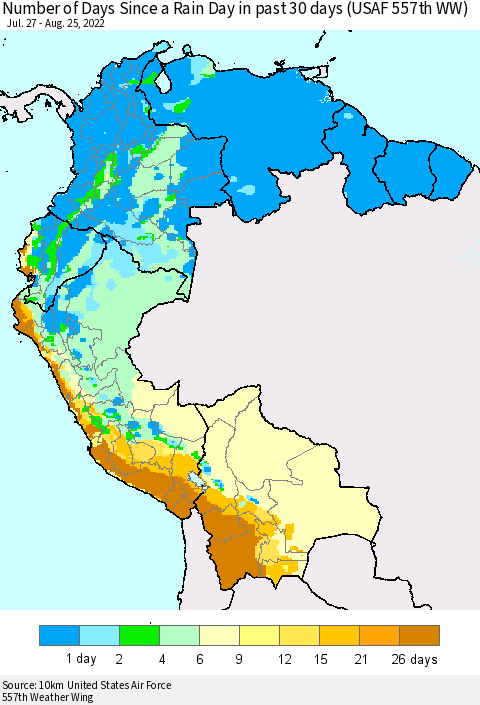 Northern South America Number of Days Since a Rain Day in past 30 days (USAF 557th WW) Thematic Map For 8/21/2022 - 8/25/2022
