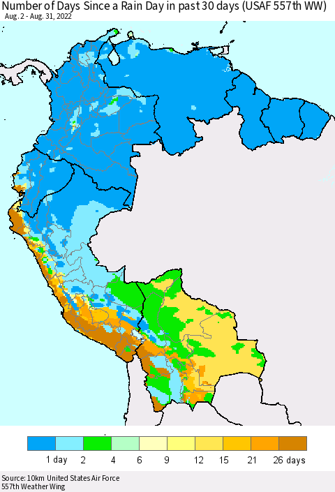 Northern South America Number of Days Since a Rain Day in past 30 days (USAF 557th WW) Thematic Map For 8/26/2022 - 8/31/2022