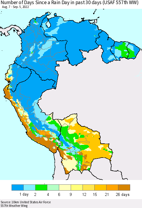 Northern South America Number of Days Since a Rain Day in past 30 days (USAF 557th WW) Thematic Map For 9/1/2022 - 9/5/2022