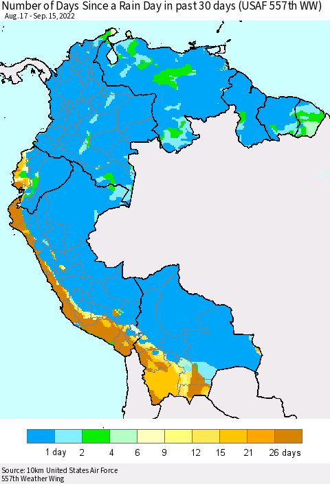 Northern South America Number of Days Since a Rain Day in past 30 days (USAF 557th WW) Thematic Map For 9/11/2022 - 9/15/2022