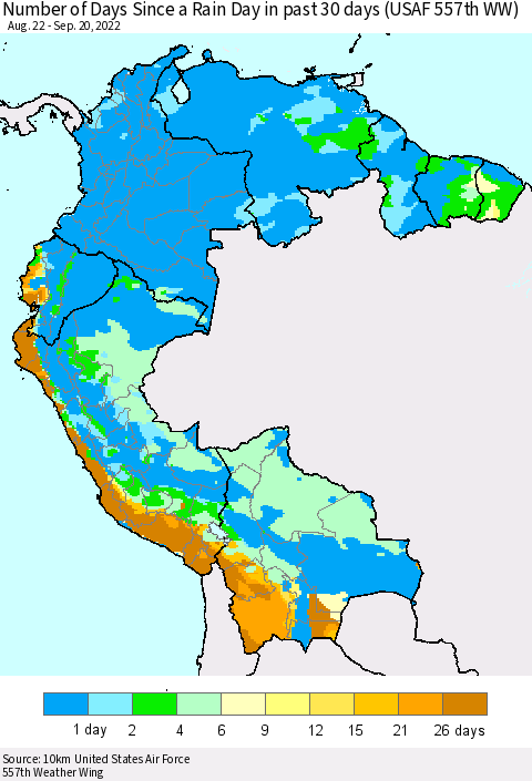 Northern South America Number of Days Since a Rain Day in past 30 days (USAF 557th WW) Thematic Map For 9/16/2022 - 9/20/2022