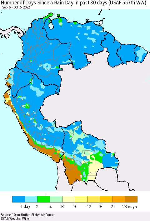 Northern South America Number of Days Since a Rain Day in past 30 days (USAF 557th WW) Thematic Map For 10/1/2022 - 10/5/2022