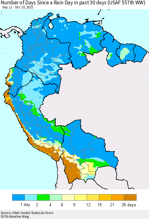 Northern South America Number of Days Since a Rain Day in past 30 days (USAF 557th WW) Thematic Map For 10/6/2022 - 10/10/2022