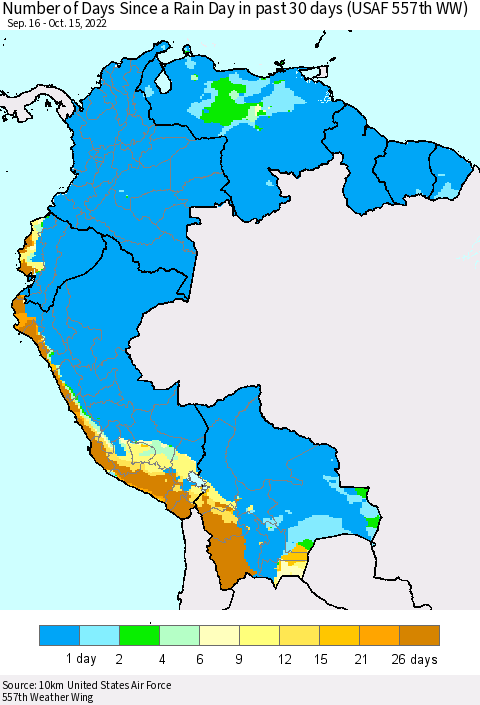 Northern South America Number of Days Since a Rain Day in past 30 days (USAF 557th WW) Thematic Map For 10/11/2022 - 10/15/2022