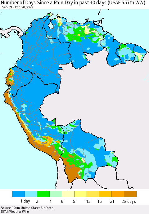 Northern South America Number of Days Since a Rain Day in past 30 days (USAF 557th WW) Thematic Map For 10/16/2022 - 10/20/2022