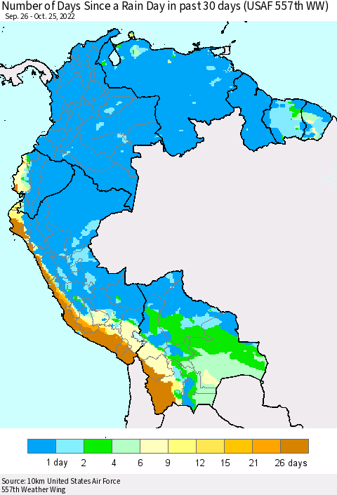 Northern South America Number of Days Since a Rain Day in past 30 days (USAF 557th WW) Thematic Map For 10/21/2022 - 10/25/2022
