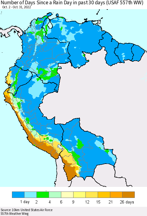 Northern South America Number of Days Since a Rain Day in past 30 days (USAF 557th WW) Thematic Map For 10/26/2022 - 10/31/2022