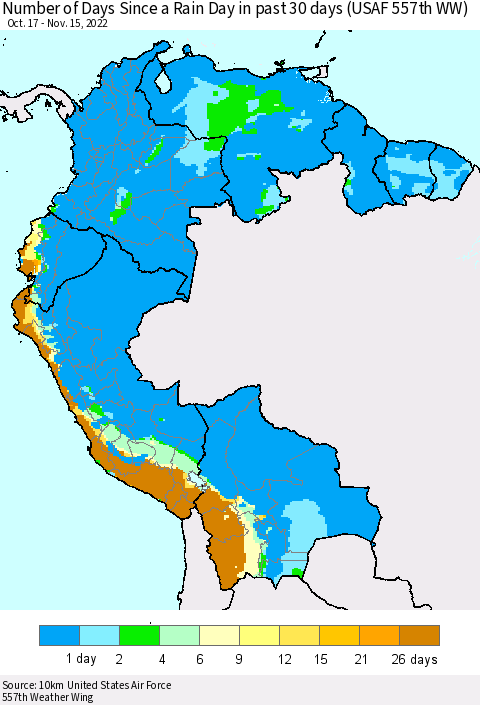 Northern South America Number of Days Since a Rain Day in past 30 days (USAF 557th WW) Thematic Map For 11/11/2022 - 11/15/2022