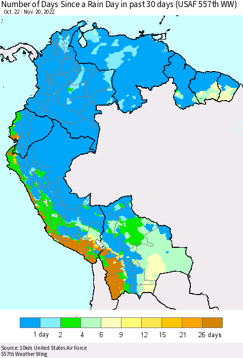 Northern South America Number of Days Since a Rain Day in past 30 days (USAF 557th WW) Thematic Map For 11/16/2022 - 11/20/2022