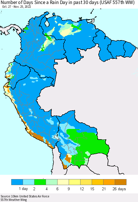 Northern South America Number of Days Since a Rain Day in past 30 days (USAF 557th WW) Thematic Map For 11/21/2022 - 11/25/2022