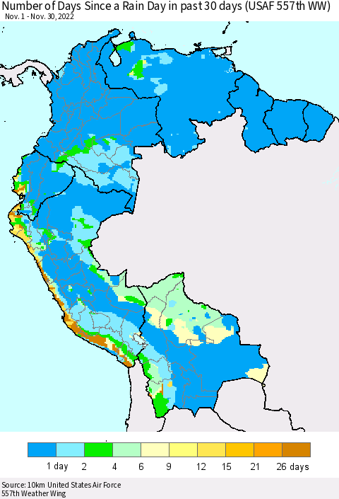 Northern South America Number of Days Since a Rain Day in past 30 days (USAF 557th WW) Thematic Map For 11/26/2022 - 11/30/2022