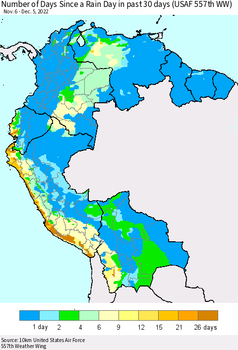Northern South America Number of Days Since a Rain Day in past 30 days (USAF 557th WW) Thematic Map For 12/1/2022 - 12/5/2022