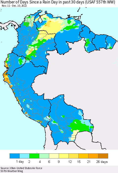 Northern South America Number of Days Since a Rain Day in past 30 days (USAF 557th WW) Thematic Map For 12/6/2022 - 12/10/2022