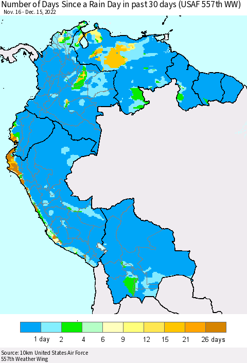 Northern South America Number of Days Since a Rain Day in past 30 days (USAF 557th WW) Thematic Map For 12/11/2022 - 12/15/2022