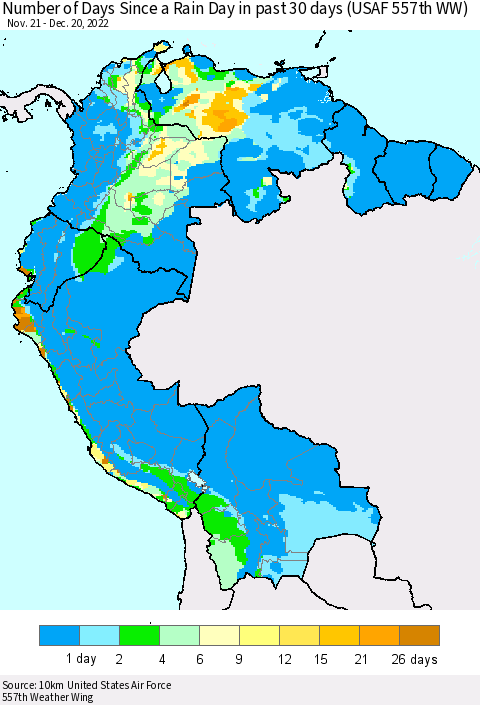 Northern South America Number of Days Since a Rain Day in past 30 days (USAF 557th WW) Thematic Map For 12/16/2022 - 12/20/2022