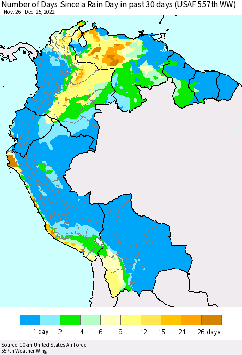 Northern South America Number of Days Since a Rain Day in past 30 days (USAF 557th WW) Thematic Map For 12/21/2022 - 12/25/2022
