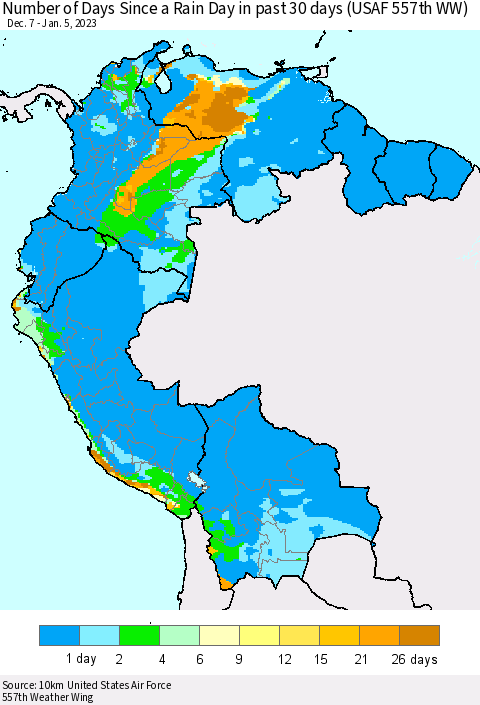 Northern South America Number of Days Since a Rain Day in past 30 days (USAF 557th WW) Thematic Map For 1/1/2023 - 1/5/2023