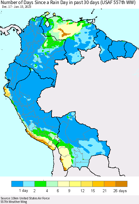 Northern South America Number of Days Since a Rain Day in past 30 days (USAF 557th WW) Thematic Map For 1/11/2023 - 1/15/2023