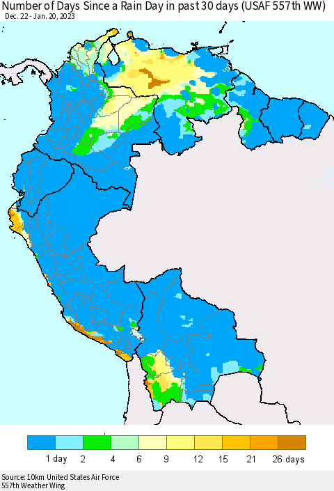 Northern South America Number of Days Since a Rain Day in past 30 days (USAF 557th WW) Thematic Map For 1/16/2023 - 1/20/2023