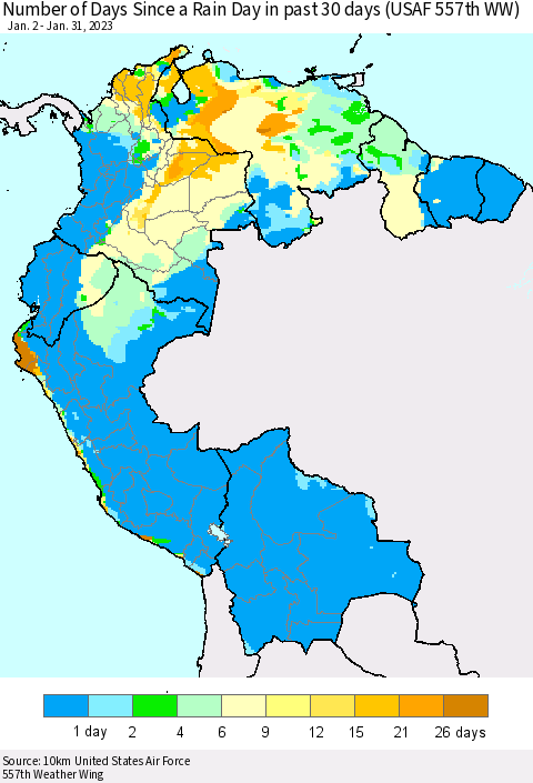 Northern South America Number of Days Since a Rain Day in past 30 days (USAF 557th WW) Thematic Map For 1/26/2023 - 1/31/2023