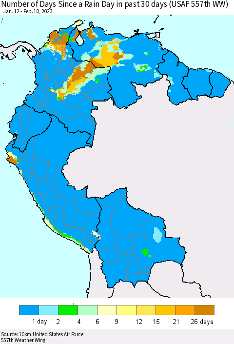 Northern South America Number of Days Since a Rain Day in past 30 days (USAF 557th WW) Thematic Map For 2/6/2023 - 2/10/2023