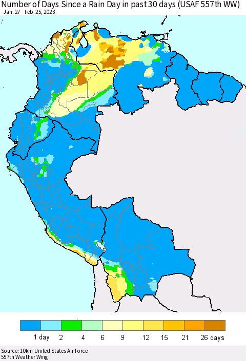 Northern South America Number of Days Since a Rain Day in past 30 days (USAF 557th WW) Thematic Map For 2/21/2023 - 2/25/2023