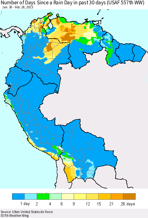 Northern South America Number of Days Since a Rain Day in past 30 days (USAF 557th WW) Thematic Map For 2/26/2023 - 2/28/2023