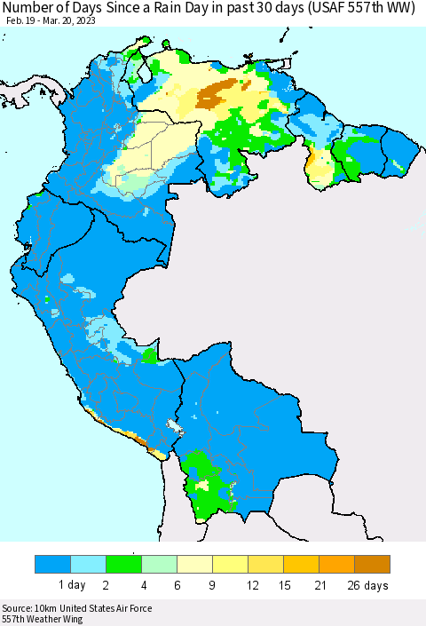 Northern South America Number of Days Since a Rain Day in past 30 days (USAF 557th WW) Thematic Map For 3/16/2023 - 3/20/2023
