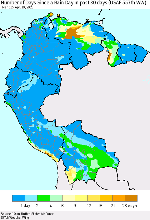 Northern South America Number of Days Since a Rain Day in past 30 days (USAF 557th WW) Thematic Map For 4/6/2023 - 4/10/2023