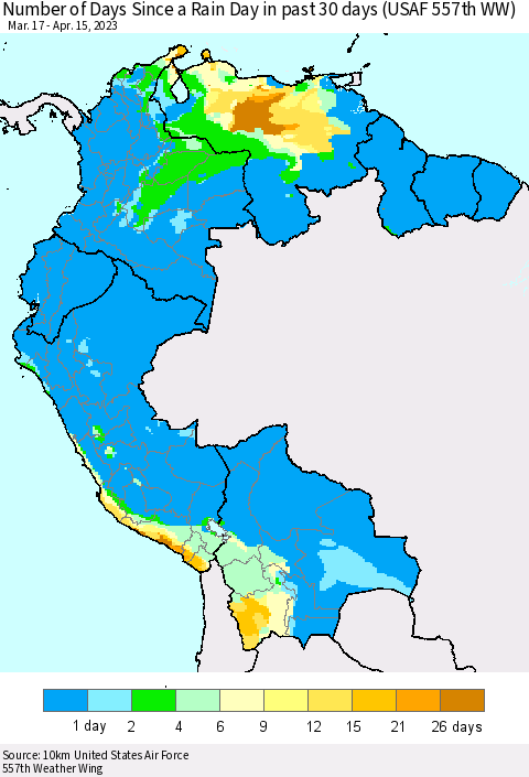 Northern South America Number of Days Since a Rain Day in past 30 days (USAF 557th WW) Thematic Map For 4/11/2023 - 4/15/2023